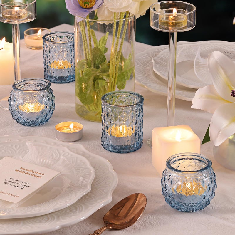 DARJEN 12Pcs Blue Votive Candle Holders- Glass Candle Holder for Vintage Decoration, Tea Lights Candle Holders for Wedding, Party Table Centerpieces & Gift - Image 4