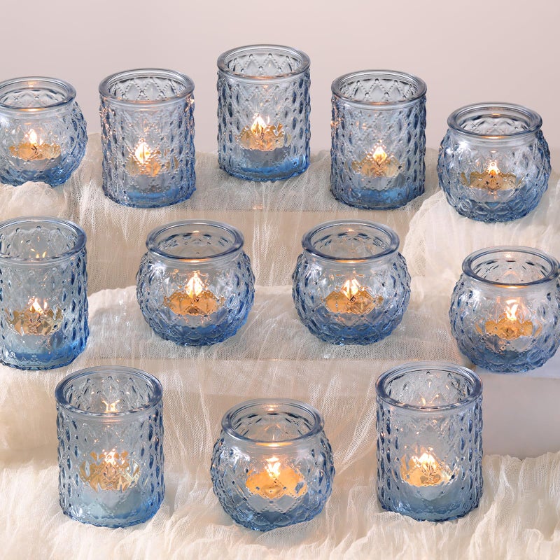 DARJEN 12Pcs Blue Votive Candle Holders- Glass Candle Holder for Vintage Decoration, Tea Lights Candle Holders for Wedding, Party Table Centerpieces & Gift - Image 1