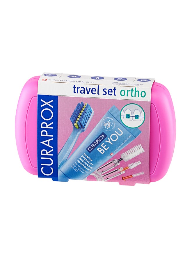 CURAPROX Travel Set Ortho Pink I Includes CS 5460 Travel Toothbrush, 10ml Be You Toothpaste, CPS Prime 07 & 09 Interdental Brushes I Compact Oral Care Kit for On-the-Go - Image 1