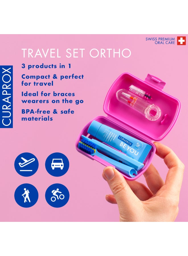 CURAPROX Travel Set Ortho Pink I Includes CS 5460 Travel Toothbrush, 10ml Be You Toothpaste, CPS Prime 07 & 09 Interdental Brushes I Compact Oral Care Kit for On-the-Go - Image 2