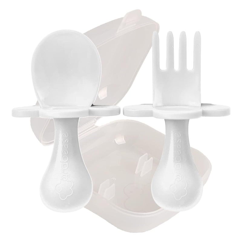 Grabease Toddler Utensils Toddler Spoons and Forks Baby Silverware Baby Self Feeding Utensils BPAFree PhthalateFree for Baby Toddler 1 Set Plastic White