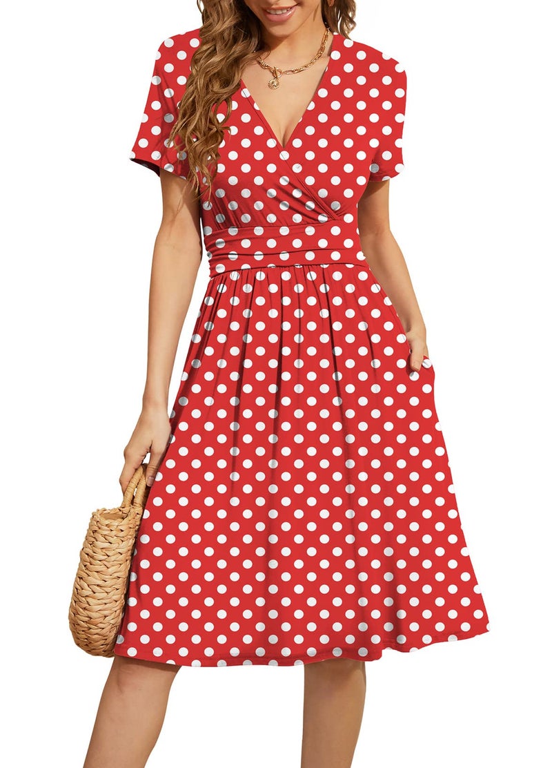 WEACZZY Women Summer Casual Short Sleeve Dresses Empire Waist Dress with Pockets,White Dot Red,XL - Image 1
