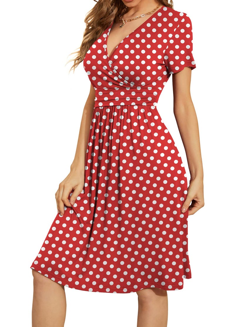 WEACZZY Women Summer Casual Short Sleeve Dresses Empire Waist Dress with Pockets,White Dot Red,XL - Image 2