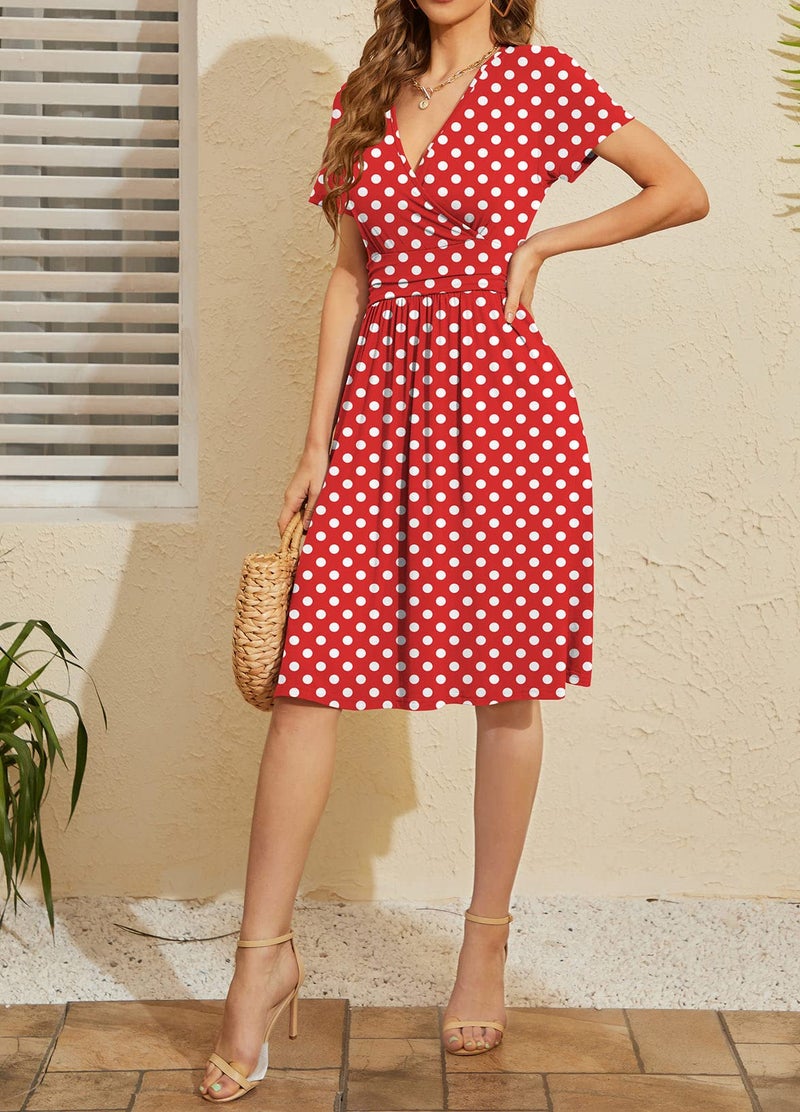 WEACZZY Women Summer Casual Short Sleeve Dresses Empire Waist Dress with Pockets,White Dot Red,XL - Image 3