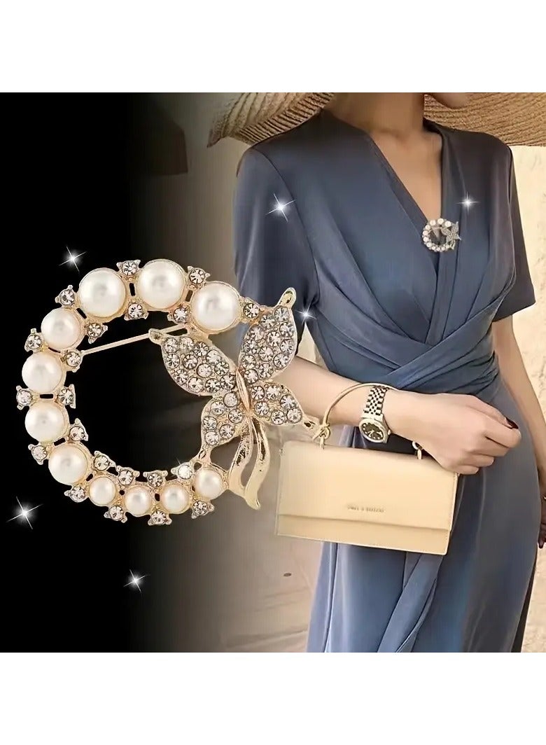 Goolsky [Durable Build] Elegant Golden Butterfly Brooch with Zirconia & Pearl Accents – Luxurious Round & Butterfly Design Alloy Pin for Women’s Fashion Accessories, Elegant Outfit Enhancement | Sophisticated Jewelry | Zirconia Embellishments  - Image 1