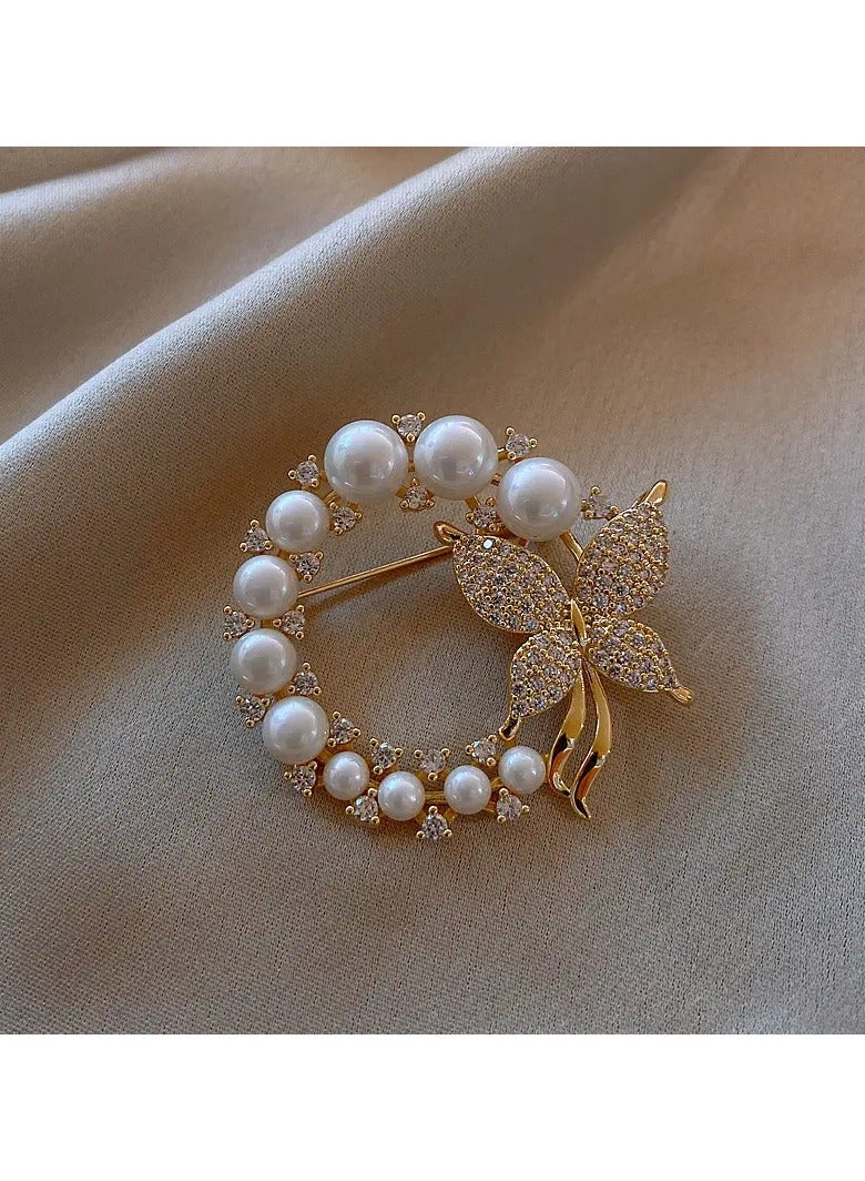 Goolsky [Durable Build] Elegant Golden Butterfly Brooch with Zirconia & Pearl Accents – Luxurious Round & Butterfly Design Alloy Pin for Women’s Fashion Accessories, Elegant Outfit Enhancement | Sophisticated Jewelry | Zirconia Embellishments  - Image 2