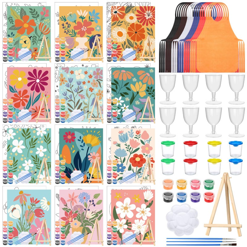 Sherr 96 Pcs 12 Sets Pre Drawn Canvas Kit for Painting Craft Sip and Paint Kit for Adults Pre Printed Canvas Painting Favor for DIY Birthday Gifts Adult's Date Party, 8 x 10 Inches(Flower) - Image 1