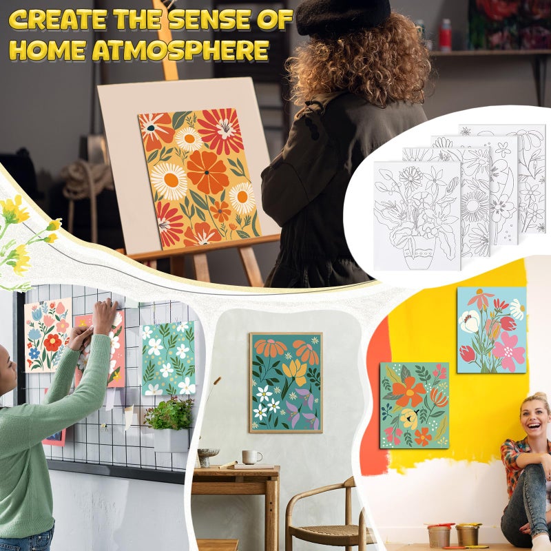 Sherr 96 Pcs 12 Sets Pre Drawn Canvas Kit for Painting Craft Sip and Paint Kit for Adults Pre Printed Canvas Painting Favor for DIY Birthday Gifts Adult's Date Party, 8 x 10 Inches(Flower) - Image 5