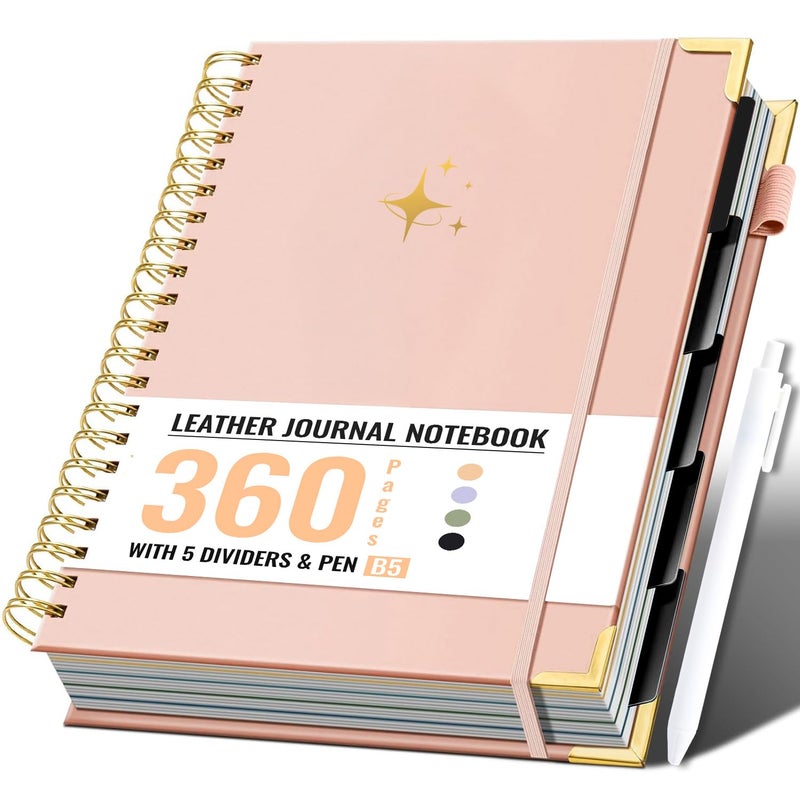 FLYING EAGLE Leather Spiral Notebooks for Work 5 Subject Notebook College Ruled with Dividers Pen, 360 Pages B5 Hardcover Lined Journals for Women Men Writing,Pink - Image 1