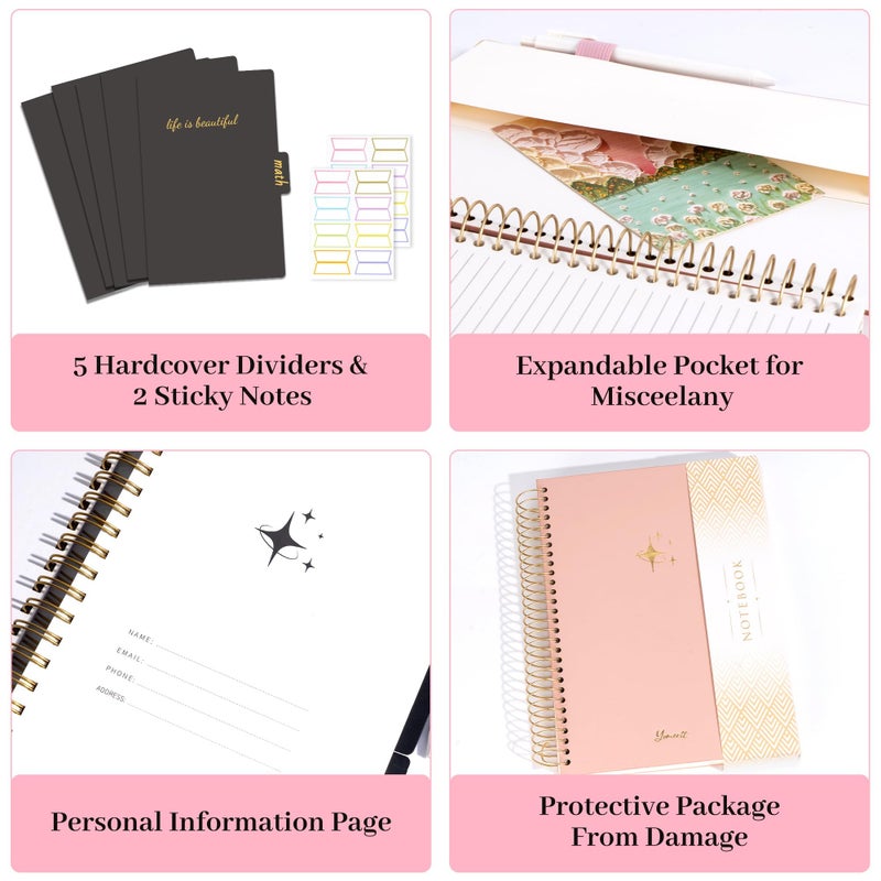 FLYING EAGLE Leather Spiral Notebooks for Work 5 Subject Notebook College Ruled with Dividers Pen, 360 Pages B5 Hardcover Lined Journals for Women Men Writing,Pink - Image 3