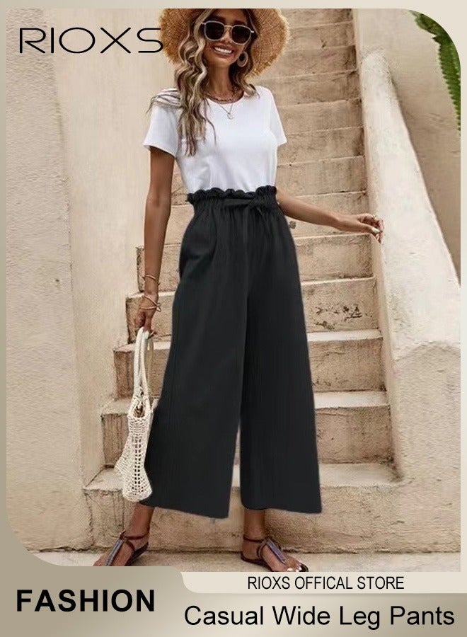 RIOXS Wide Leg Ruffle Pants For Women Girls Casual Loose High Waist Tie-Knot Trousers With Pockets Woman's Summer Flowy Pants  - Image 1