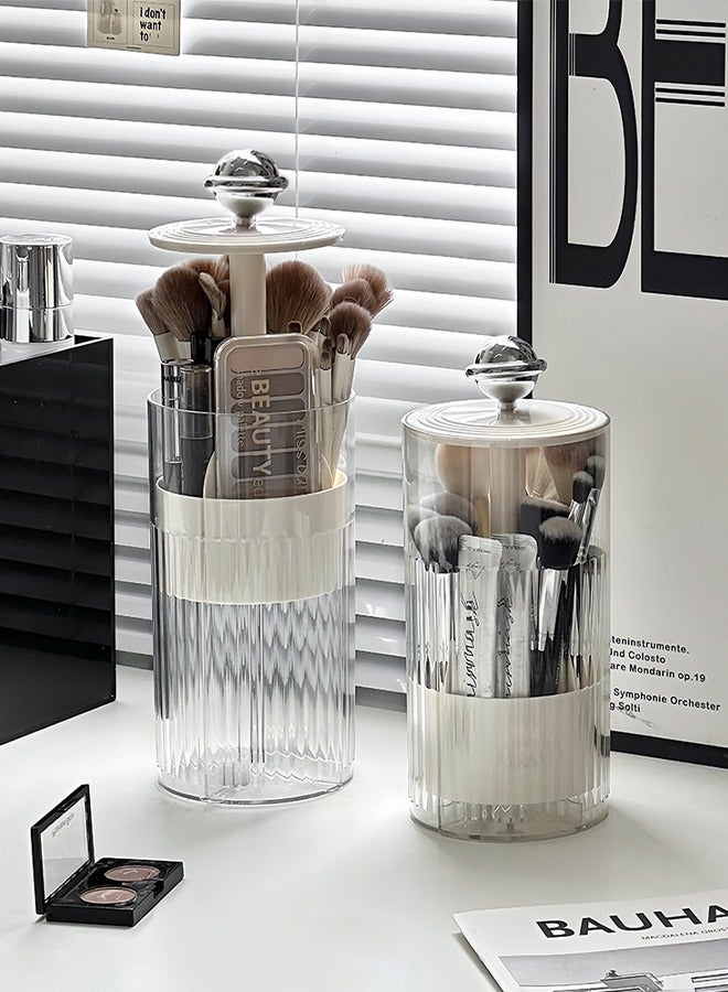 Sunnaltree Liftable Makeup Brush Holder with Lid, Cosmetic Storage Box, Clear Dustproof Makeup Brushes Organizer for Vanity Desktop Bathroom Countertop (Transparent White) - Image 1