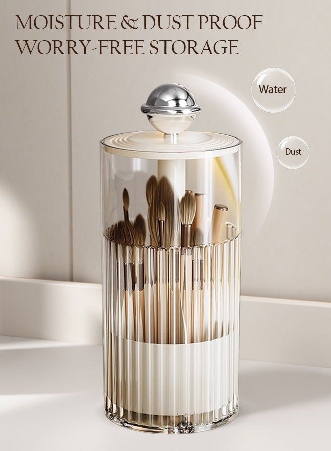 Sunnaltree Liftable Makeup Brush Holder with Lid, Cosmetic Storage Box, Clear Dustproof Makeup Brushes Organizer for Vanity Desktop Bathroom Countertop (Transparent White) - Image 5