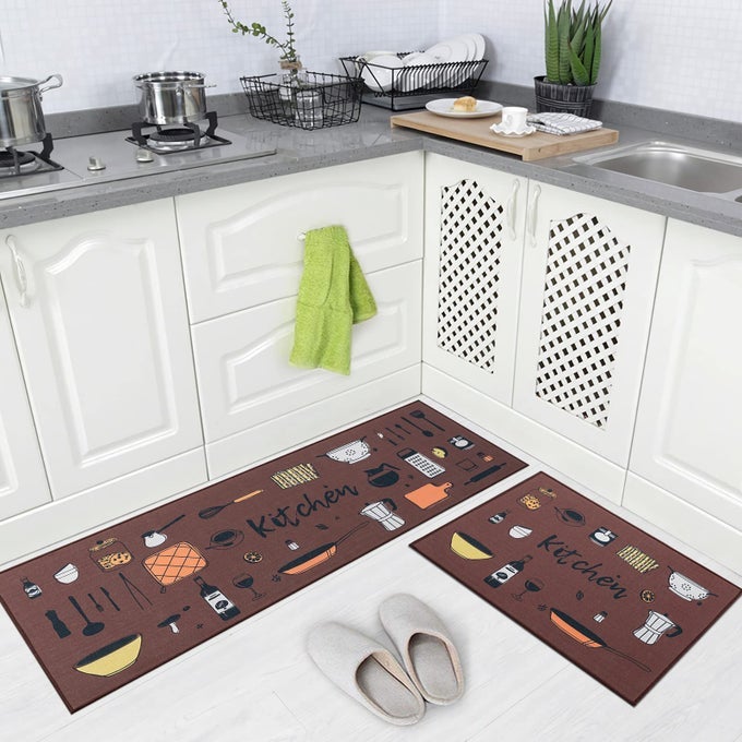 2 PIECES NONSLIP KITCHEN RUG TPR ANTISLIP BACKING MAT FOR DOORWAY BATHROOM RUNNER RUG SET BROWN KITCHEN DESIGN 17X4817X24