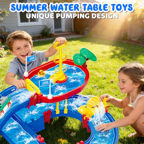 VATOS 2Tier Outdoor Water Table Toys for Kids 61PCS DIY Summer Waterways Playset with Pump Toddler Water Park Toys for Pool Backyard Beach Sensory Activity Fun Toy Gift for Boys Girls 35 48 - Image 5