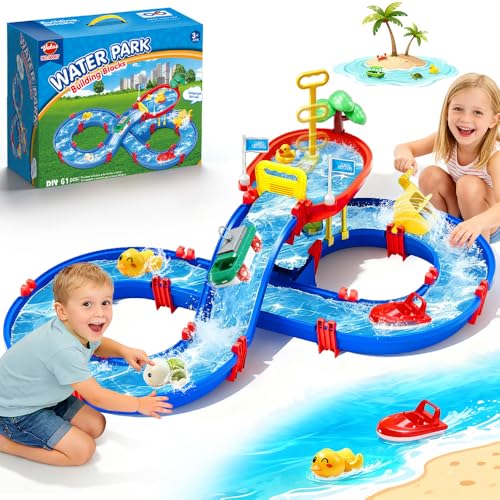 VATOS 2Tier Outdoor Water Table Toys for Kids 61PCS DIY Summer Waterways Playset with Pump Toddler Water Park Toys for Pool Backyard Beach Sensory Activity Fun Toy Gift for Boys Girls 35 48 - Image 1