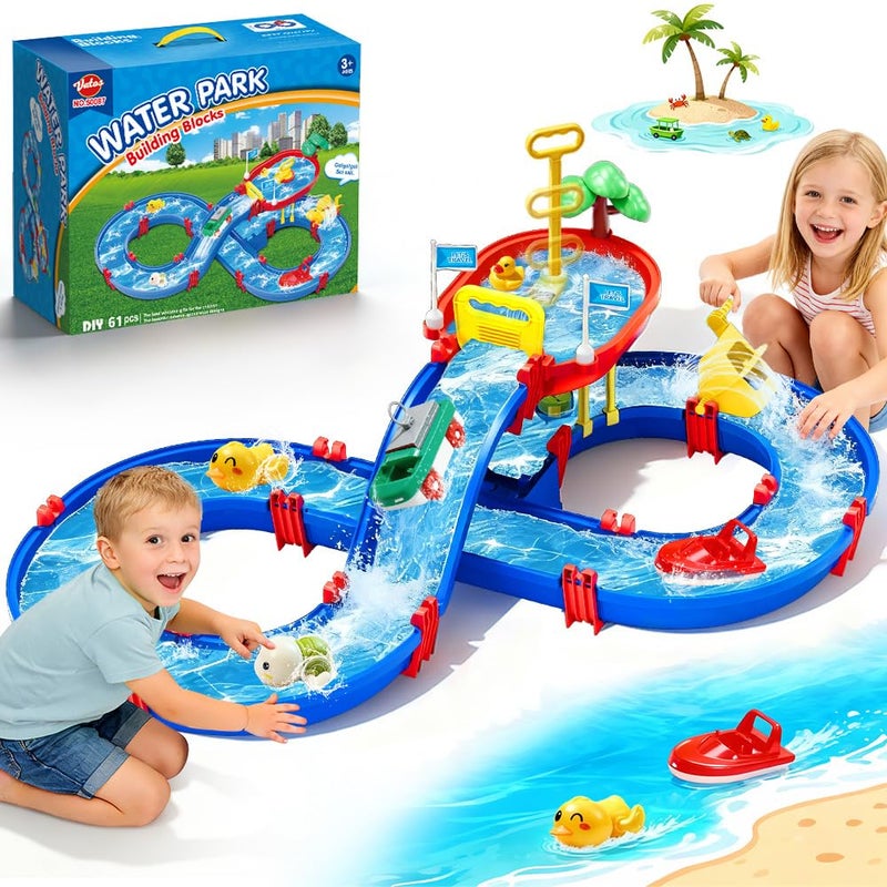 VATOS 2Tier Outdoor Water Table Toys for Kids 61PCS DIY Summer Waterways Playset with Pump Toddler Water Park Toys for Pool Backyard Beach Sensory Activity Fun Toy Gift for Boys Girls 35 48 - Image 3