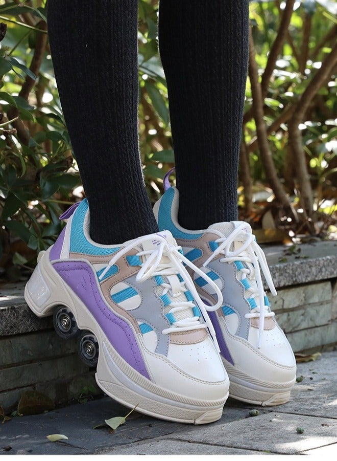 Loquat Four-Wheel Walking Shoes Can Be Retractable Deformation Shoes Rotary Buckle Roller Skates Purple  - Image 1