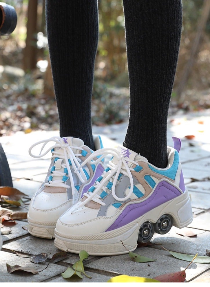 Loquat Four-Wheel Walking Shoes Can Be Retractable Deformation Shoes Rotary Buckle Roller Skates Purple  - Image 2