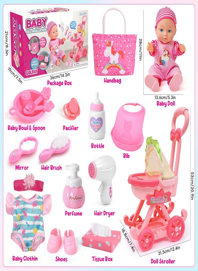 Golray Girl Baby Doll Stroller Toy Set with 12" Baby Doll & 17pcs Baby Doll Accessories Handbag/Clothes/Sunshade/Feeding Nursery Pretend Play Toy Birthday Gift for Toddler Girls 3 4 5 6 7 Years Old - Image 3