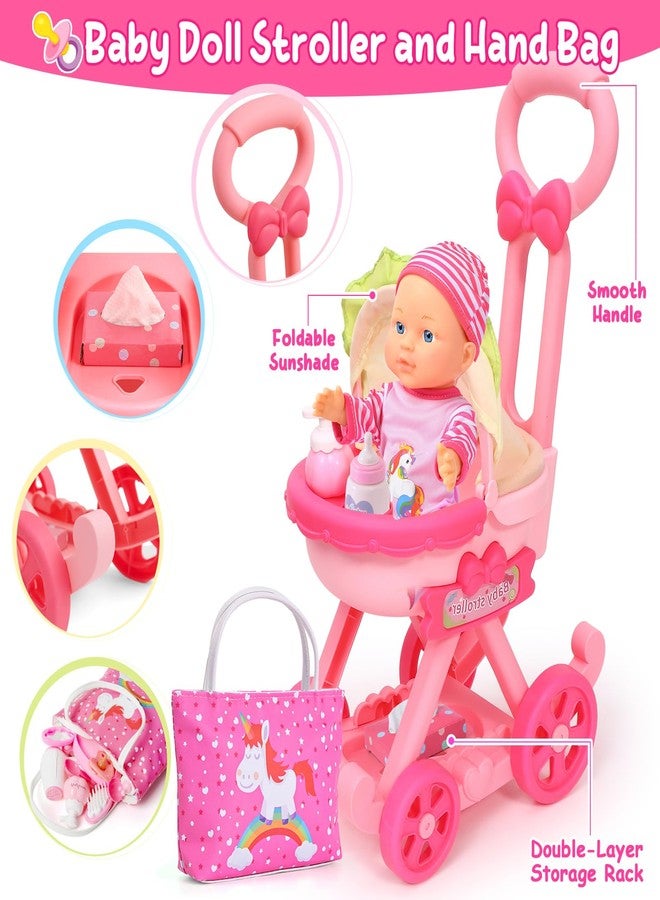 Golray Girl Baby Doll Stroller Toy Set with 12" Baby Doll & 17pcs Baby Doll Accessories Handbag/Clothes/Sunshade/Feeding Nursery Pretend Play Toy Birthday Gift for Toddler Girls 3 4 5 6 7 Years Old - Image 5