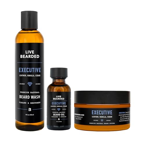 Live Bearded 3Step Beard Grooming Kit Wash Oil and Butter Made in the USA AllNatural Ingredients with Shea Jojoba Growth Support Executive Scent Cedar Vanilla
