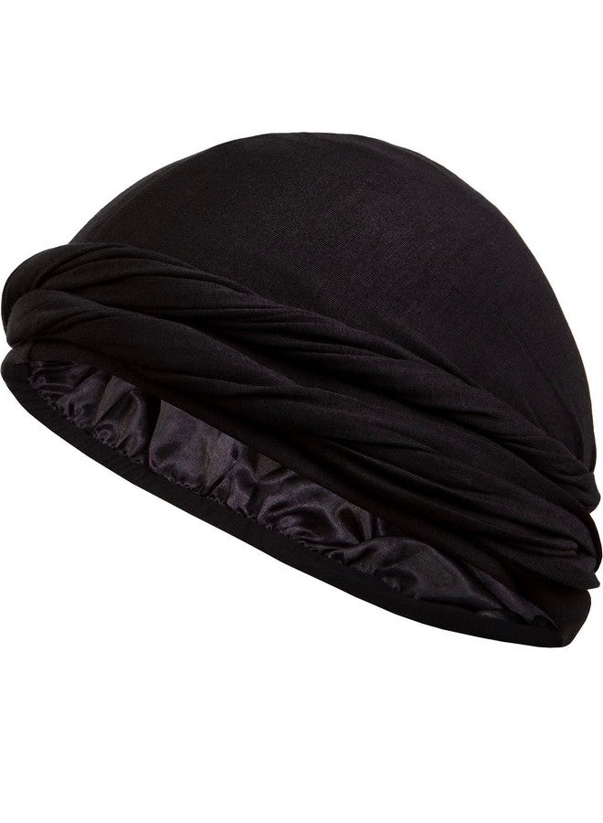 CAPLORD Silk Satin Lined Halo Turban Head Wrap Pretied Skull Cap For Men And Women Sleeping Bonnet Hair Cover Chemo Hair Loss Hat Black - Image 1
