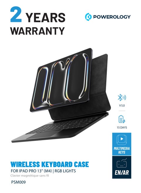 Wireless Keyboard Case with 7-Color RGB Lights / Smartcase Pro Plus / Digital Power Display / Easy Pencil Access / Snap-On Attachment / Magic Arabic and English Keyboard for iPad Pro 13” (M4) - Black