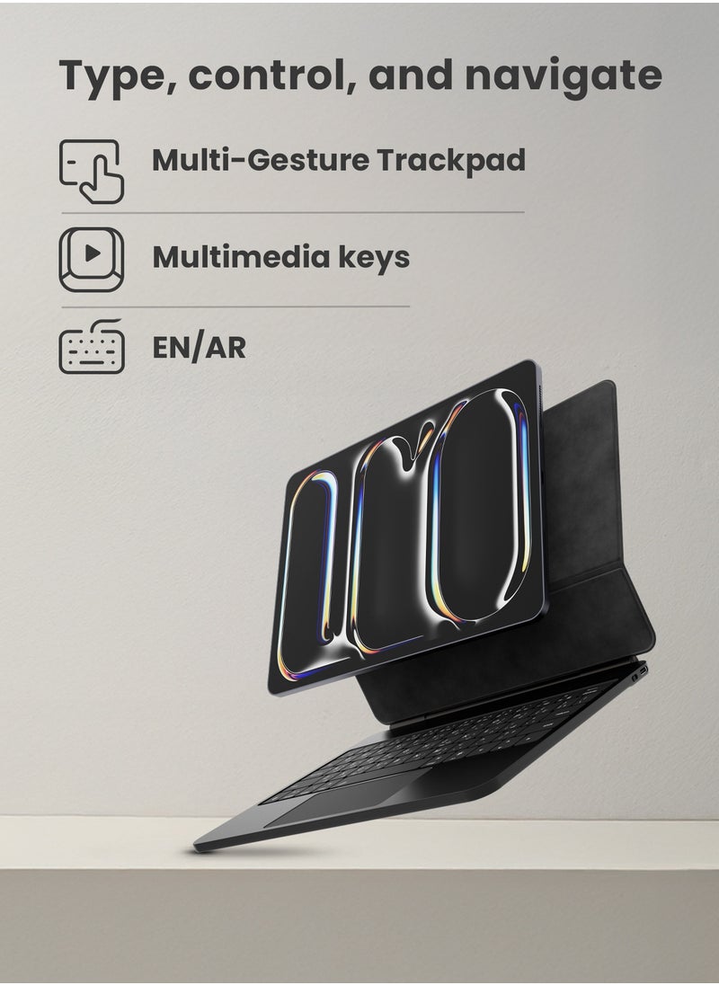 Powerology - Wireless Keyboard Case with 7-Color RGB Lights / Smartcase Pro Plus / Digital Power Display / Easy Pencil Access / Snap-On Attachment / Magic Arabic and English Keyboard for iPad Pro 13” (M4) - Black - Image 1