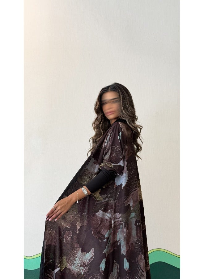 آية MW1696 عباية نص كلوش مشجرة مبطن مع اكمام استرتش - Image 3