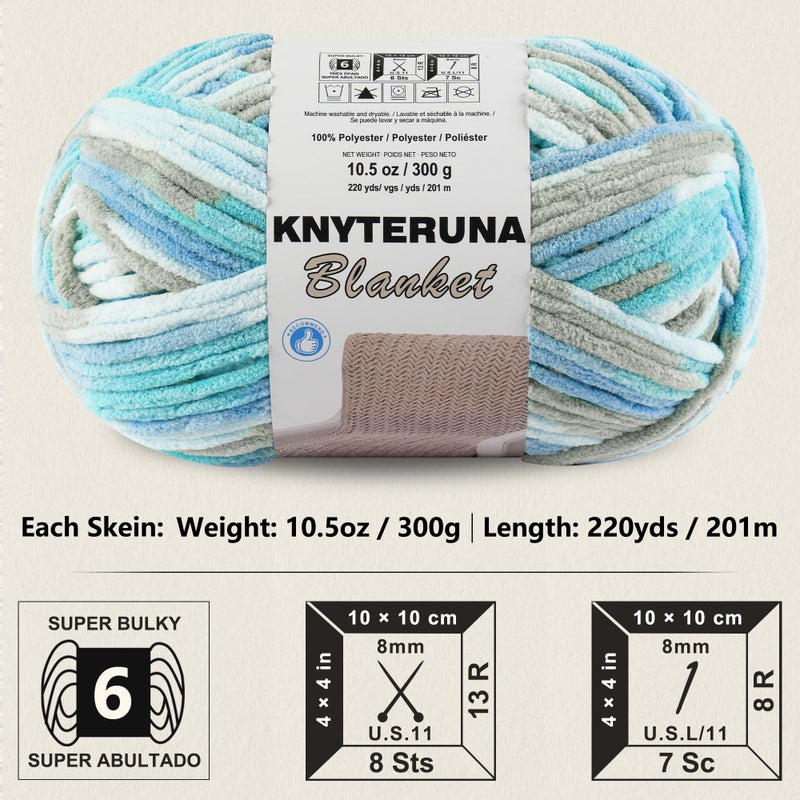 Knyteruna #6 Super Bulky Blanket Yarn for Crocheting - 4 Skeins(Each 10.5oz/300g, 220yds/201m), Chunky Chenille Thick Plush Big Soft Yarn for Crocheting Knitting Blankets, Khaki & Teal & Blue - Image 2