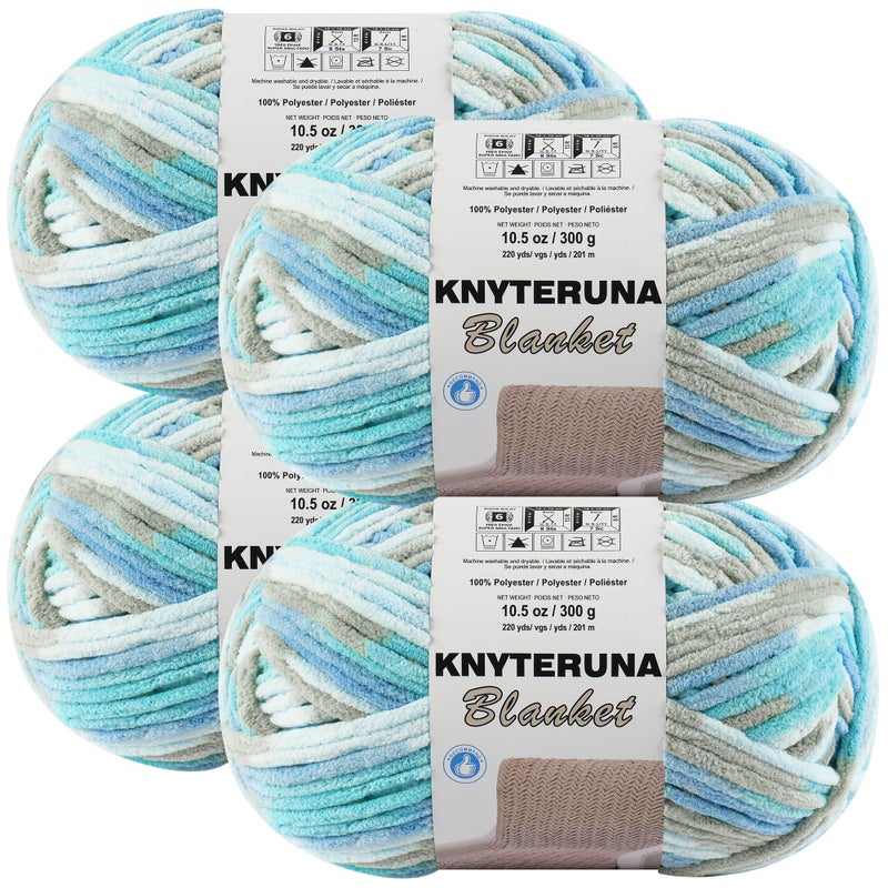 Knyteruna #6 Super Bulky Blanket Yarn for Crocheting - 4 Skeins(Each 10.5oz/300g, 220yds/201m), Chunky Chenille Thick Plush Big Soft Yarn for Crocheting Knitting Blankets, Khaki & Teal & Blue - Image 1