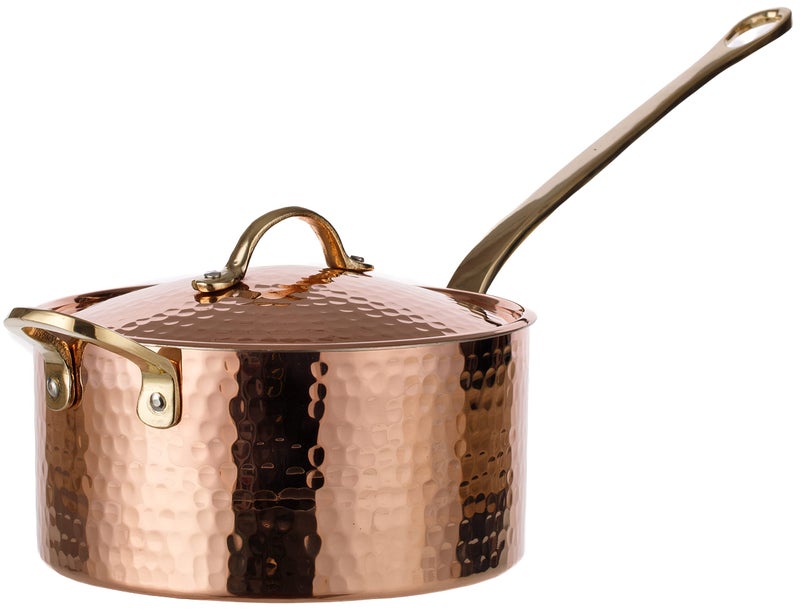 DEMMEX 12mm Thick Hammered Uncoated Copper Saucepan with Lid  Helper Handle FoodSafe Tin Lined 17Quart