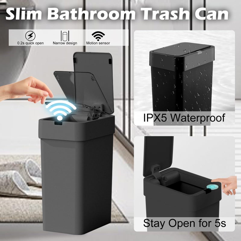 ELPHECO Bathroom Trash Can with Lid, 2 Pack Automatic Garbage Can, 2.5 Gallon + 4 Gallon Motion Sensor Smart Bathroom Decor, Slim Waterproof Trash Bins for Bedroom, Office, Living Room, Black - Image 5