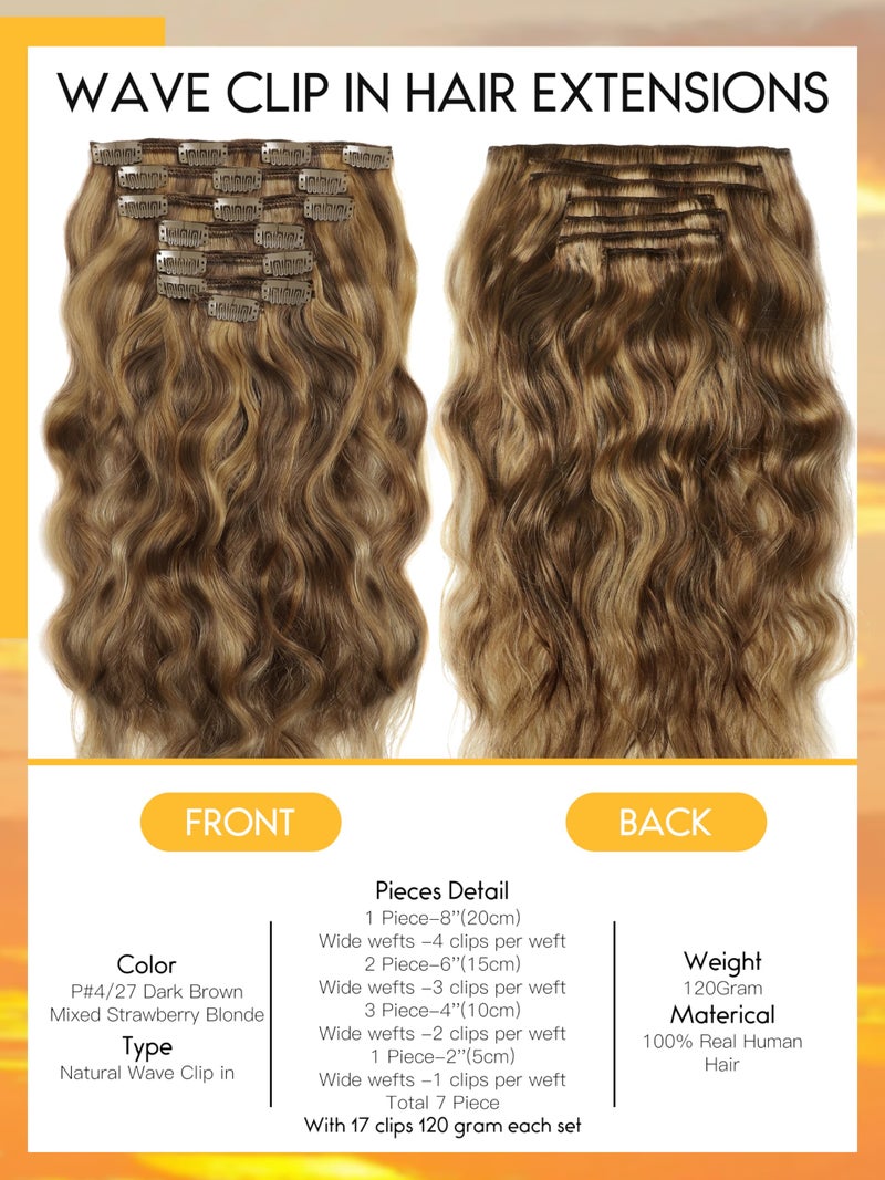 Caliee Natural Curly Clip in Hair Extensions 18 inch Human Hair Double Weft Highlighted Blond Color Natural Wave Dark Brown Color #4 Ombre Strawberry Blonde #27 Color 7Pieces 17Clips with 120g - Image 2