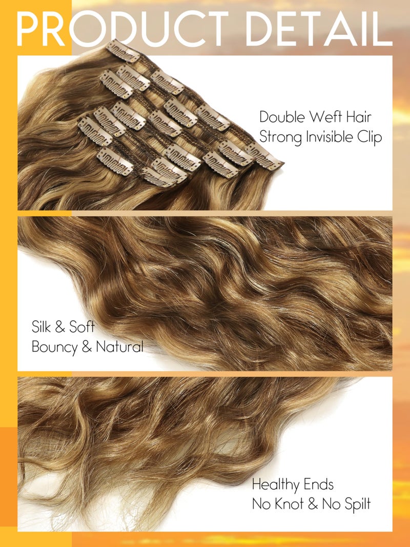Caliee Natural Curly Clip in Hair Extensions 18 inch Human Hair Double Weft Highlighted Blond Color Natural Wave Dark Brown Color #4 Ombre Strawberry Blonde #27 Color 7Pieces 17Clips with 120g - Image 3
