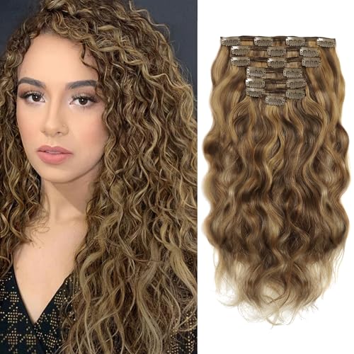 Caliee Natural Curly Clip in Hair Extensions 18 inch Human Hair Double Weft Highlighted Blond Color Natural Wave Dark Brown Color #4 Ombre Strawberry Blonde #27 Color 7Pieces 17Clips with 120g - Image 1