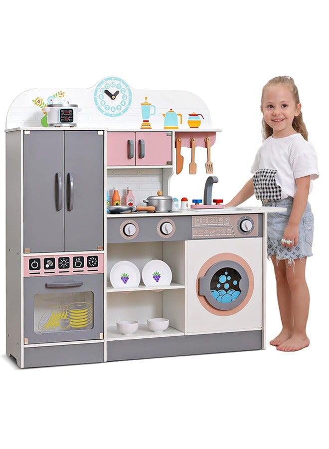 Wooden Kitchen Set Toy, Wooden Role Play Kitchen Set with Oven and Washing Machine, Pretend Kitchen Cooking Food Toy for Kids - Image 1