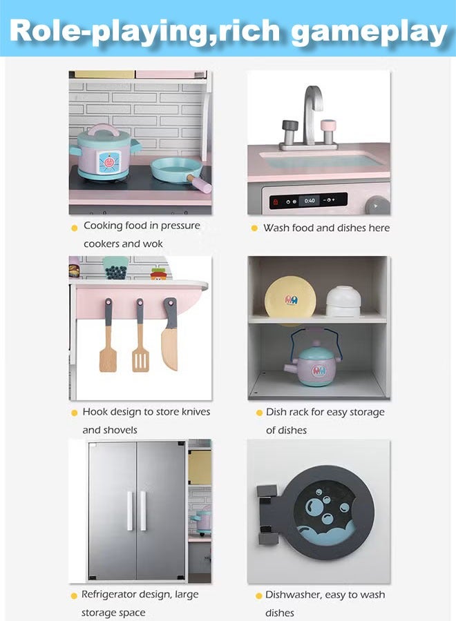 Wooden Kitchen Set Toy, Wooden Role Play Kitchen Set with Oven and Washing Machine, Pretend Kitchen Cooking Food Toy for Kids - Image 2