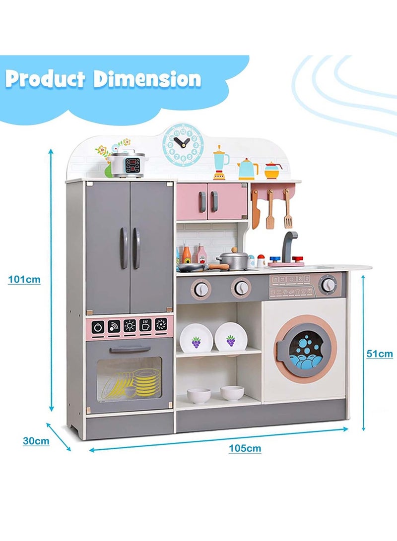 Wooden Kitchen Set Toy, Wooden Role Play Kitchen Set with Oven and Washing Machine, Pretend Kitchen Cooking Food Toy for Kids - Image 4