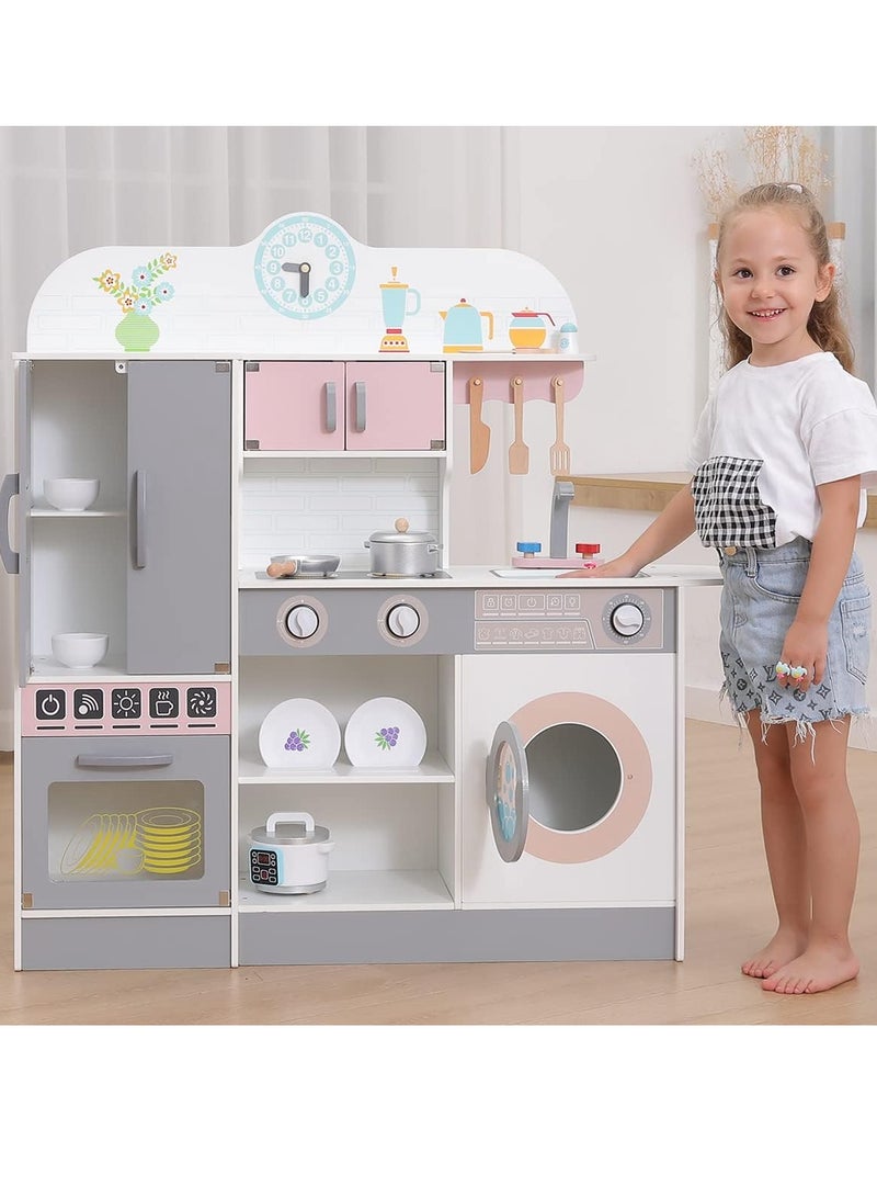 Wooden Kitchen Set Toy, Wooden Role Play Kitchen Set with Oven and Washing Machine, Pretend Kitchen Cooking Food Toy for Kids - Image 5