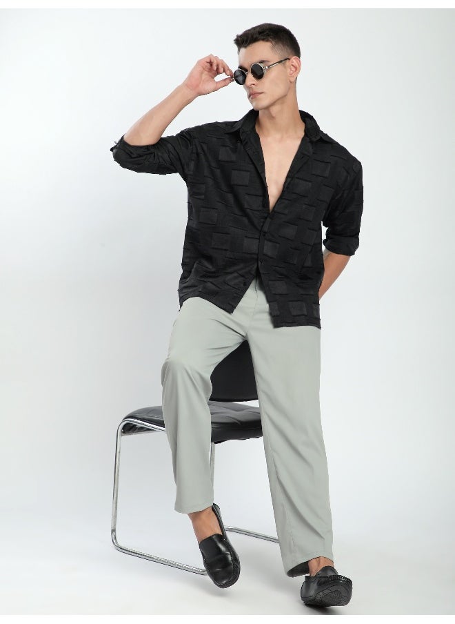 Beyoung Black Fur Geometric Textured Shirt  - Image 1