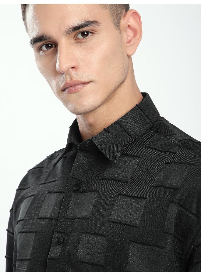 Beyoung Black Fur Geometric Textured Shirt  - Image 3