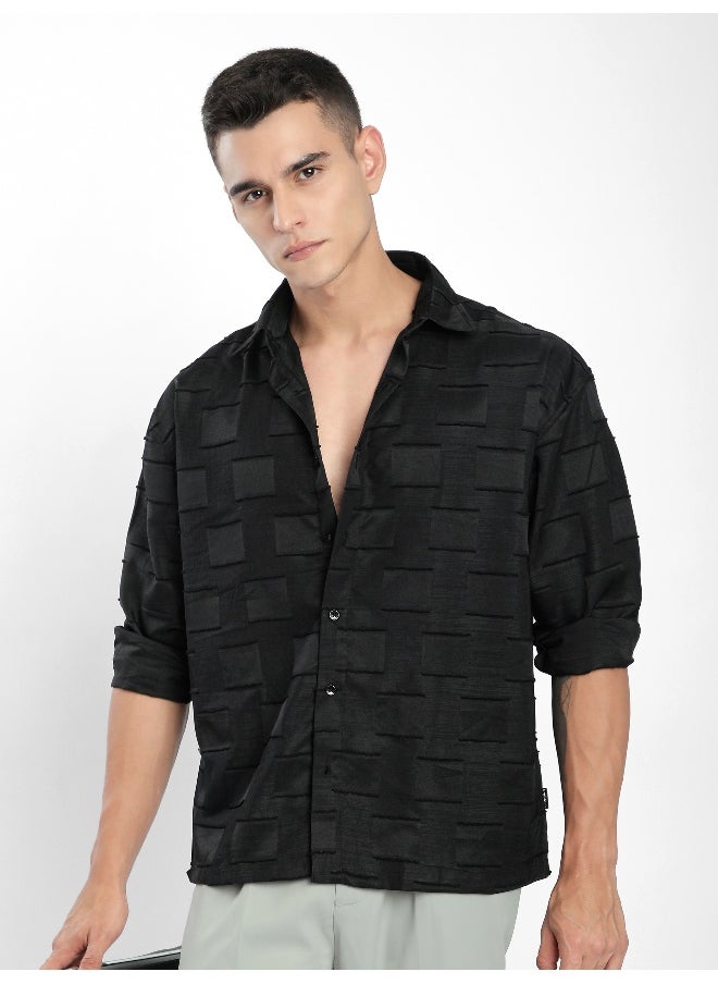 Beyoung Black Fur Geometric Textured Shirt  - Image 4
