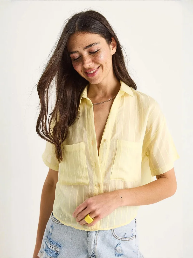 Bianco Lucci Lemon Yellow LUCCI Textured Striped Crop Shirt with Pocket for Women | Best Price UAE