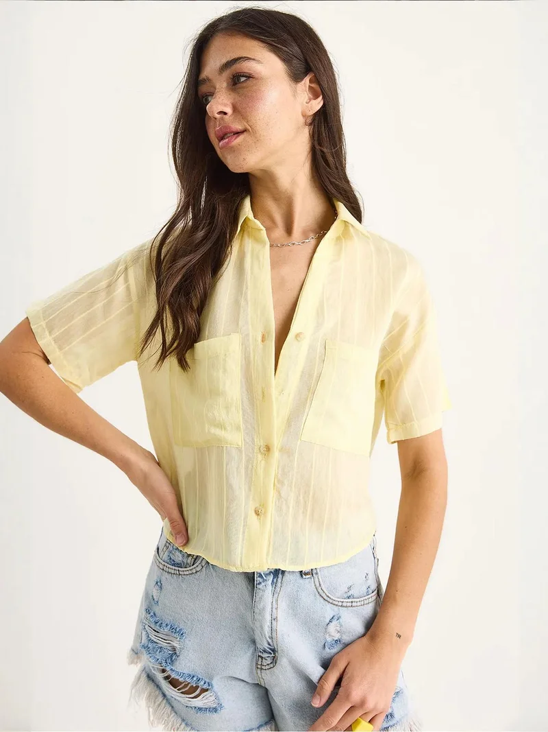 Bianco Lucci Lemon Yellow LUCCI Textured Striped Crop Shirt with Pocket for Women | Best Price UAE