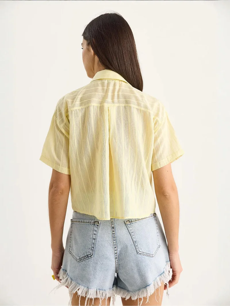 Bianco Lucci Lemon Yellow LUCCI Textured Striped Crop Shirt with Pocket for Women | Best Price UAE