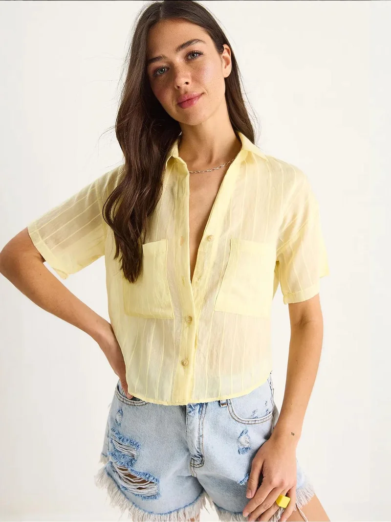 LUCCI Textured Striped Crop Shirt with Pocket