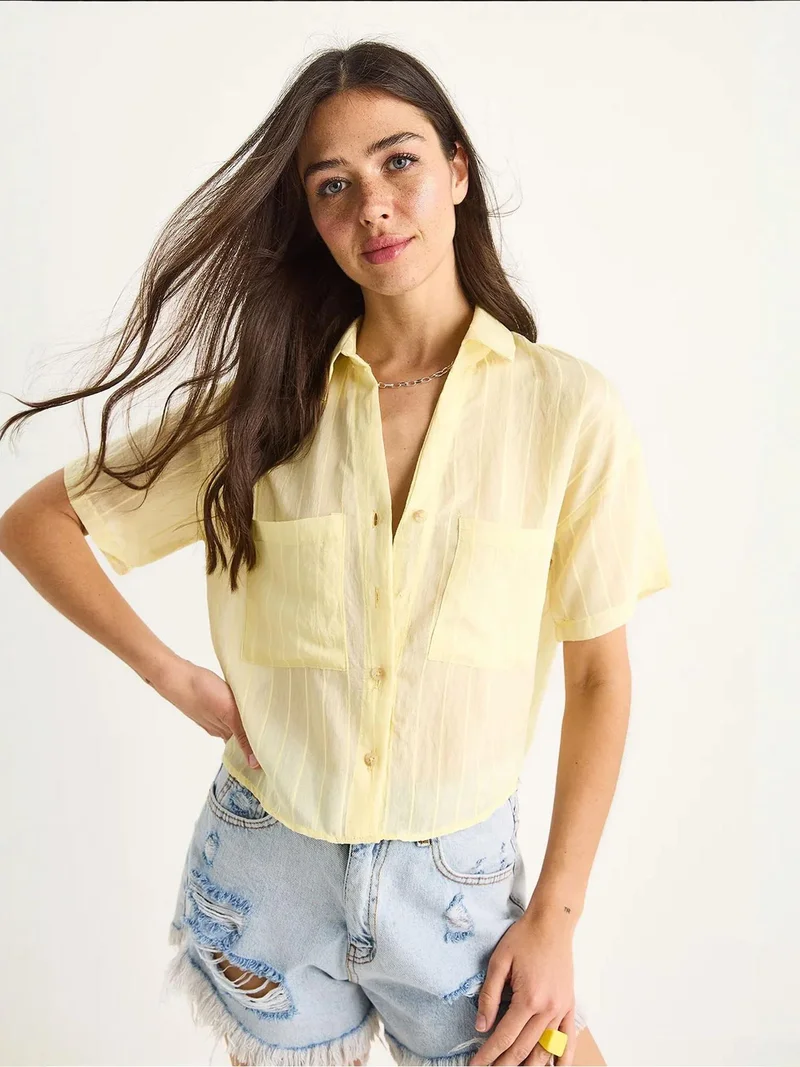 Bianco Lucci Lemon Yellow LUCCI Textured Striped Crop Shirt with Pocket for Women | Best Price UAE