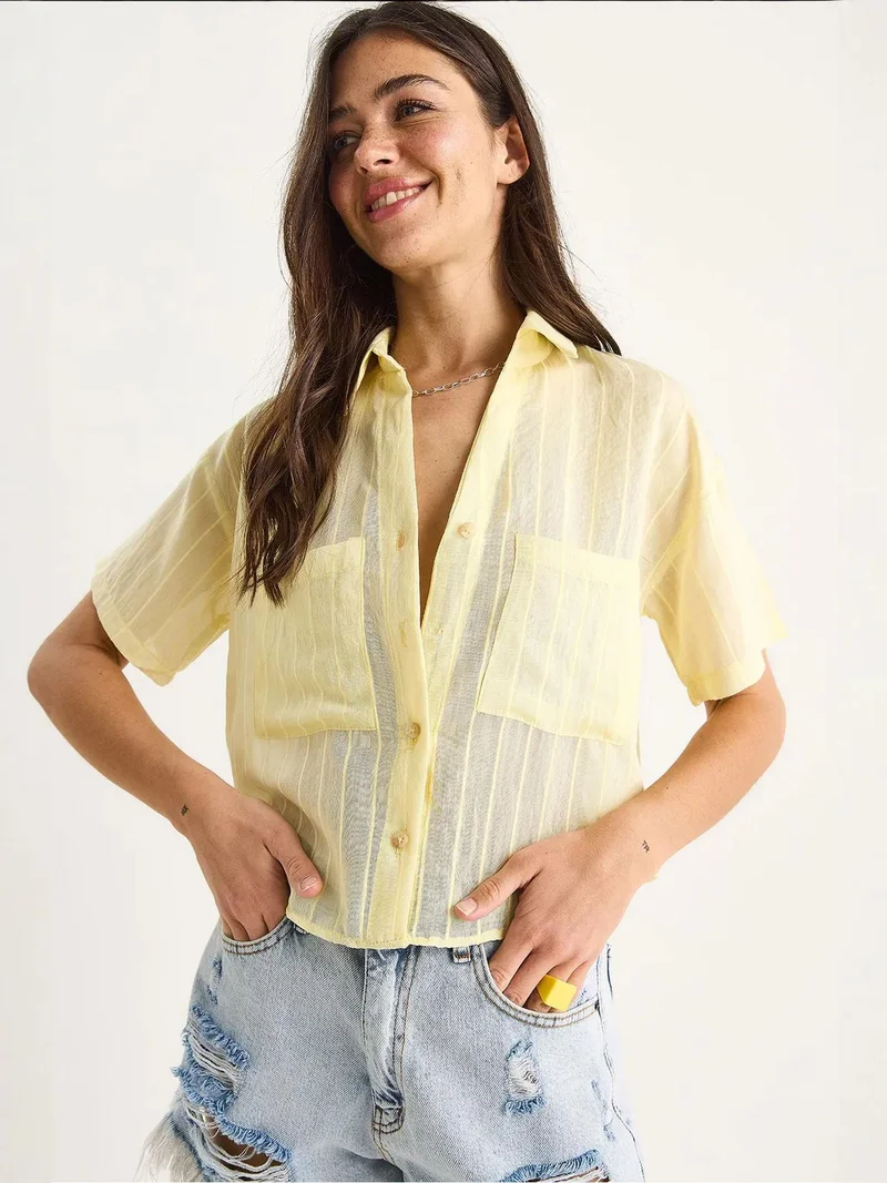 Bianco Lucci Lemon Yellow LUCCI Textured Striped Crop Shirt with Pocket for Women | Best Price UAE